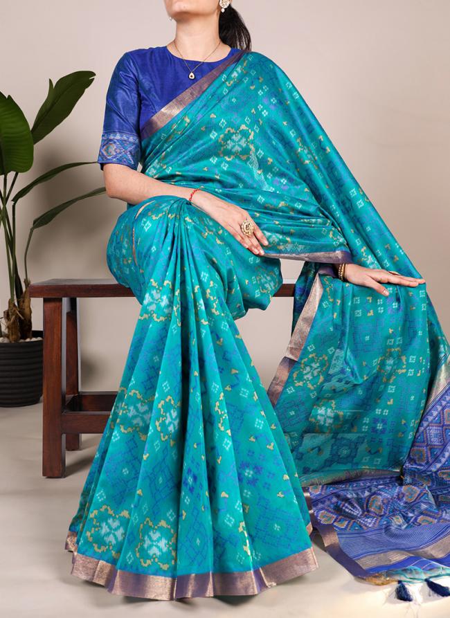 Jacquard Silk Firozi Festival Wear Patola Print Saree